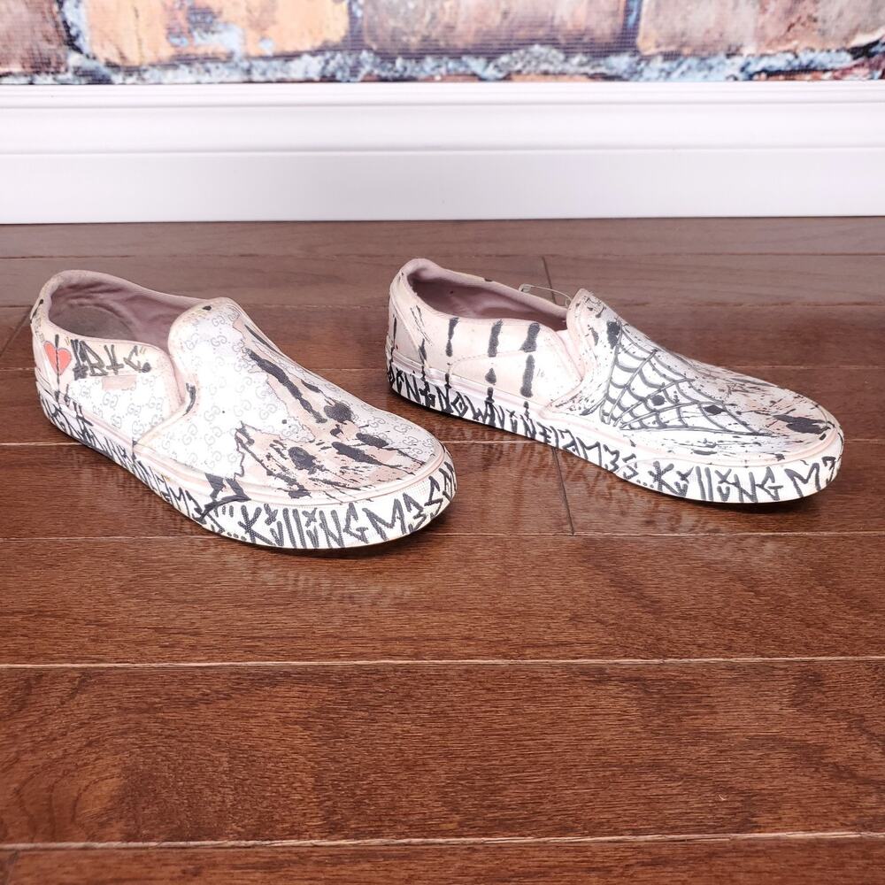 Vans Slip On Sneakers Women's 7 Pink Checkered Custom DIY Graffiti Grunge Skater